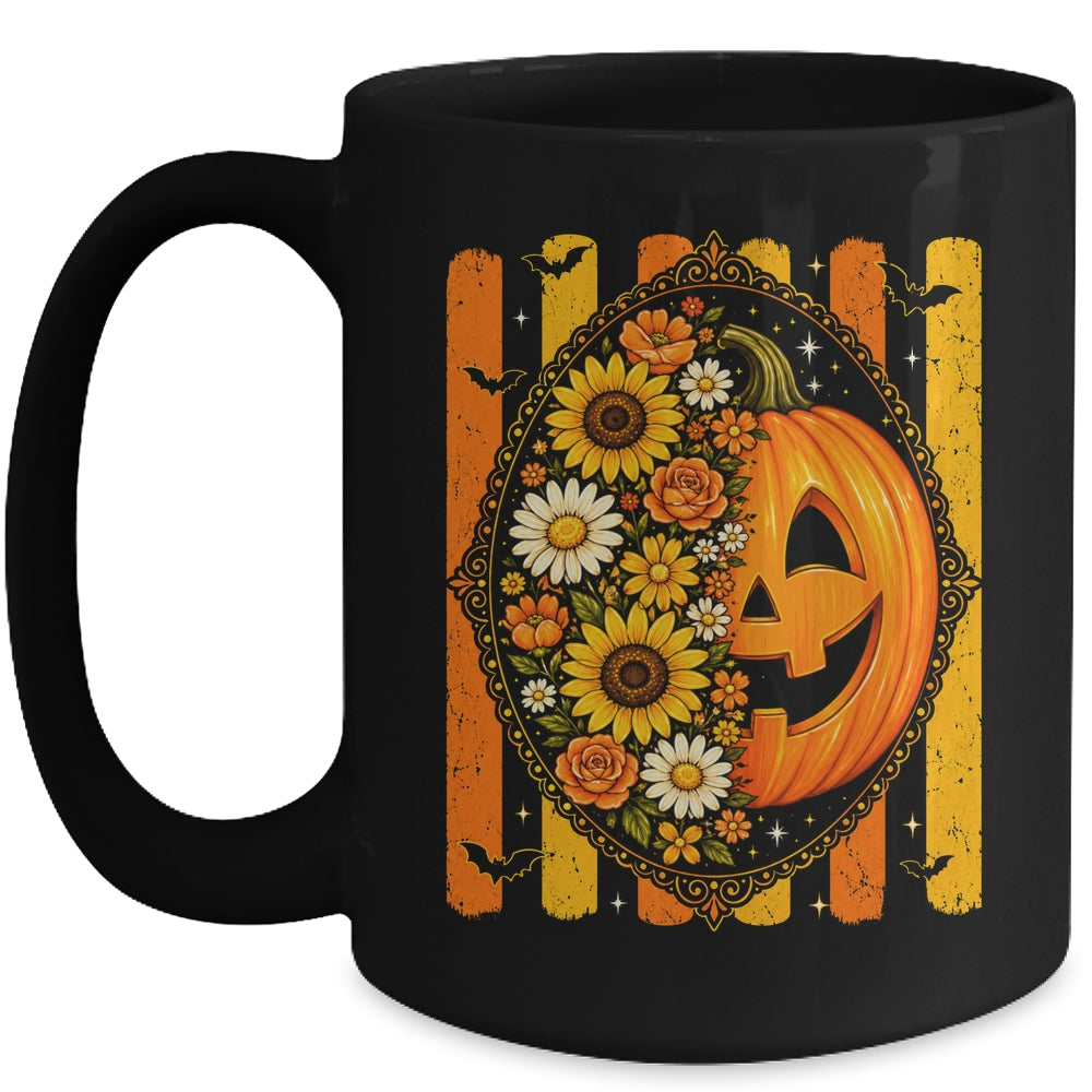 Preppy Pumpkin Floral Fall Autumn Design Striped Halloween Mug | siriusteestore