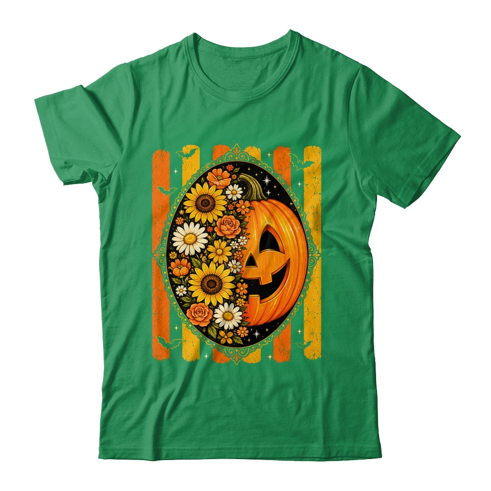 Preppy Pumpkin Floral Fall Autumn Design Striped Halloween Shirt & Sweatshirt | siriusteestore