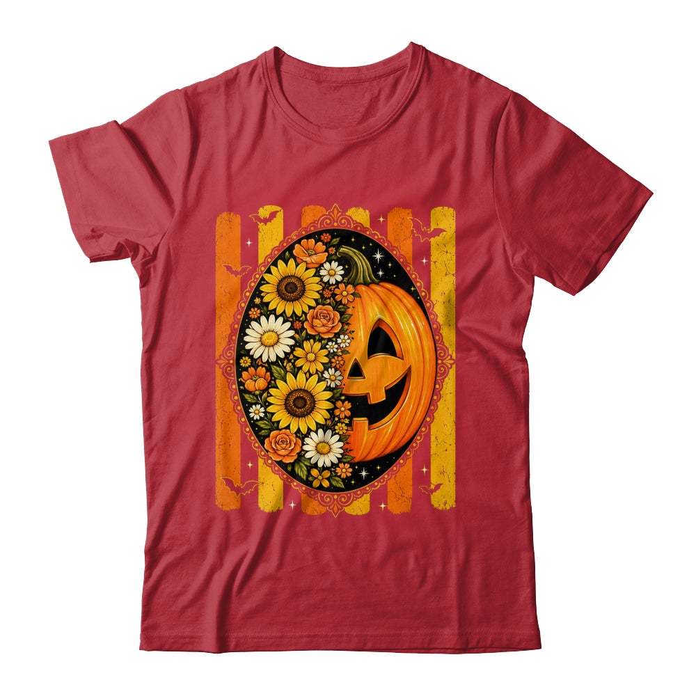 Preppy Pumpkin Floral Fall Autumn Design Striped Halloween Shirt & Sweatshirt | siriusteestore
