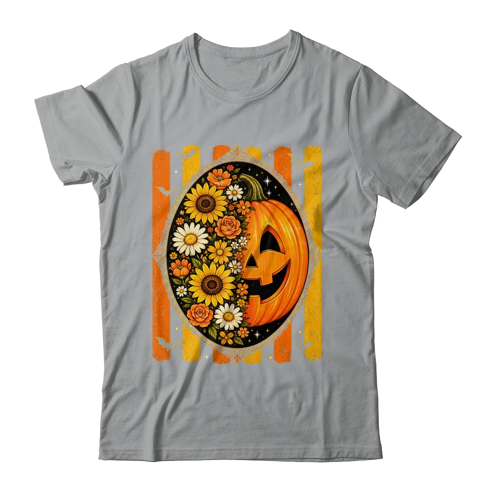 Preppy Pumpkin Floral Fall Autumn Design Striped Halloween Shirt & Sweatshirt | siriusteestore