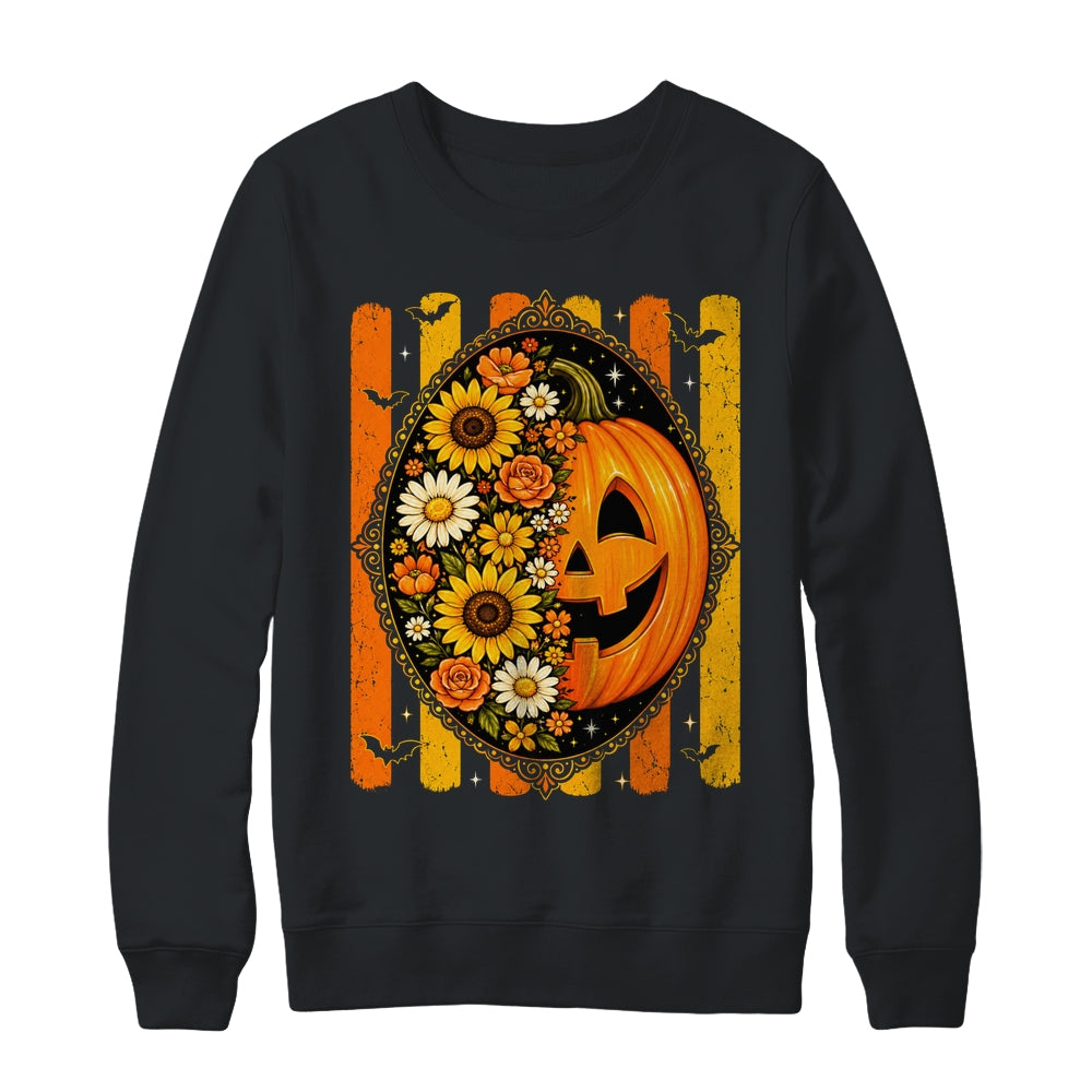 Preppy Pumpkin Floral Fall Autumn Design Striped Halloween Shirt & Sweatshirt | siriusteestore