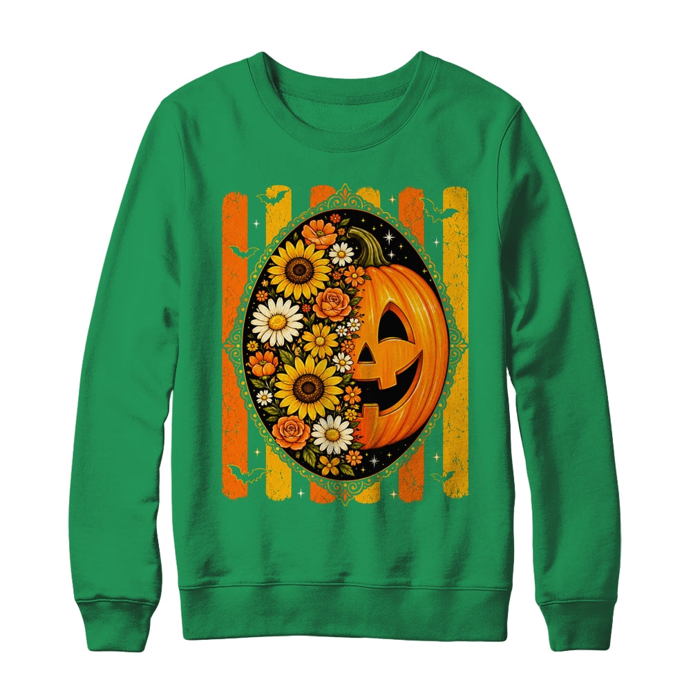 Preppy Pumpkin Floral Fall Autumn Design Striped Halloween Shirt & Sweatshirt | siriusteestore