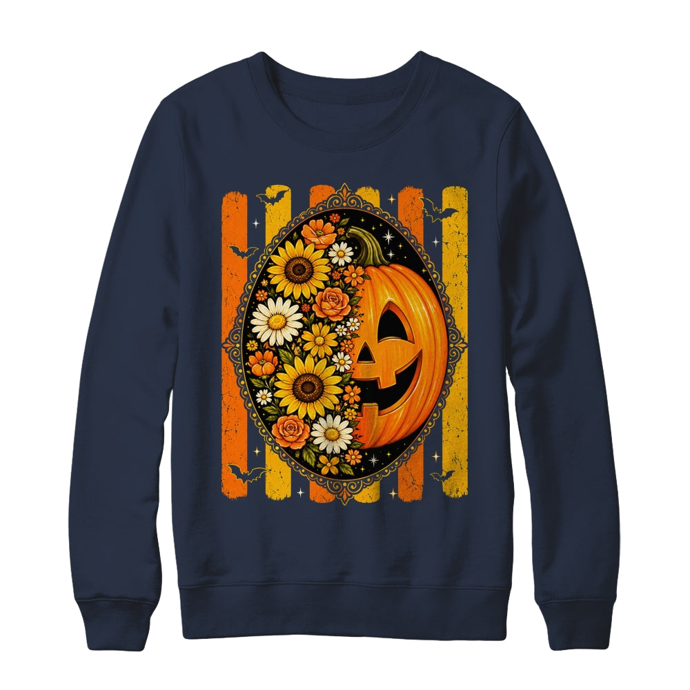 Preppy Pumpkin Floral Fall Autumn Design Striped Halloween Shirt & Sweatshirt | siriusteestore