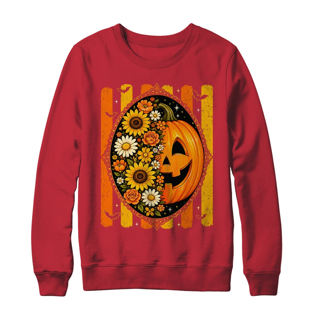Preppy Pumpkin Floral Fall Autumn Design Striped Halloween Shirt & Sweatshirt | siriusteestore