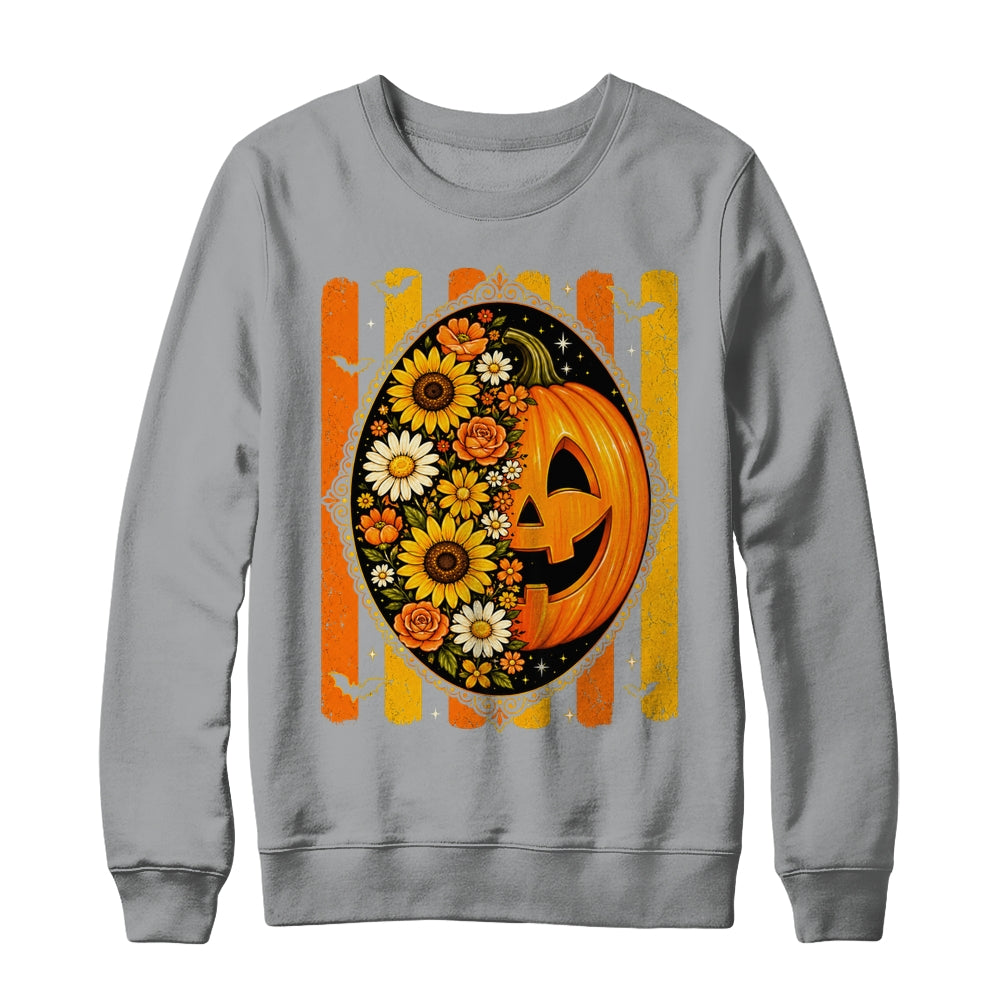 Preppy Pumpkin Floral Fall Autumn Design Striped Halloween Shirt & Sweatshirt | siriusteestore