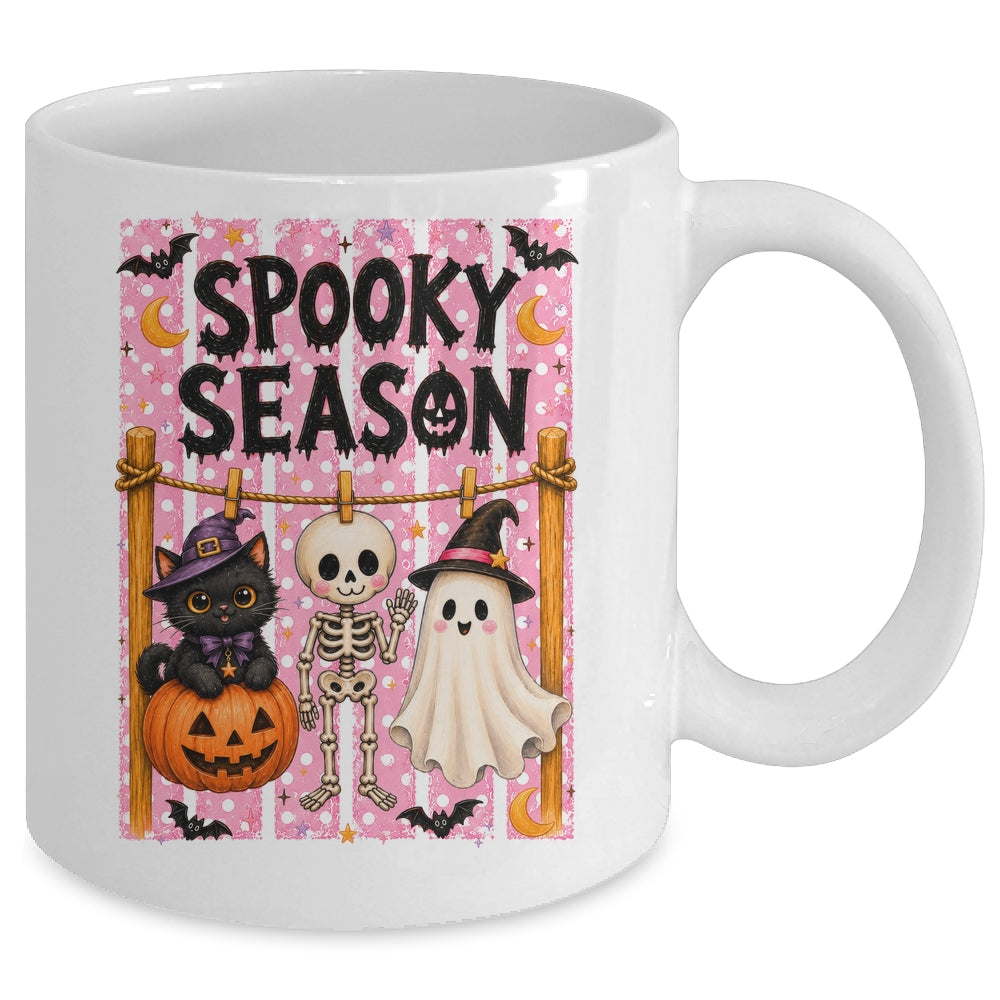 Preppy Spooky Season Coquette Skeleton Ghost Cat Halloween Mug | siriusteestore