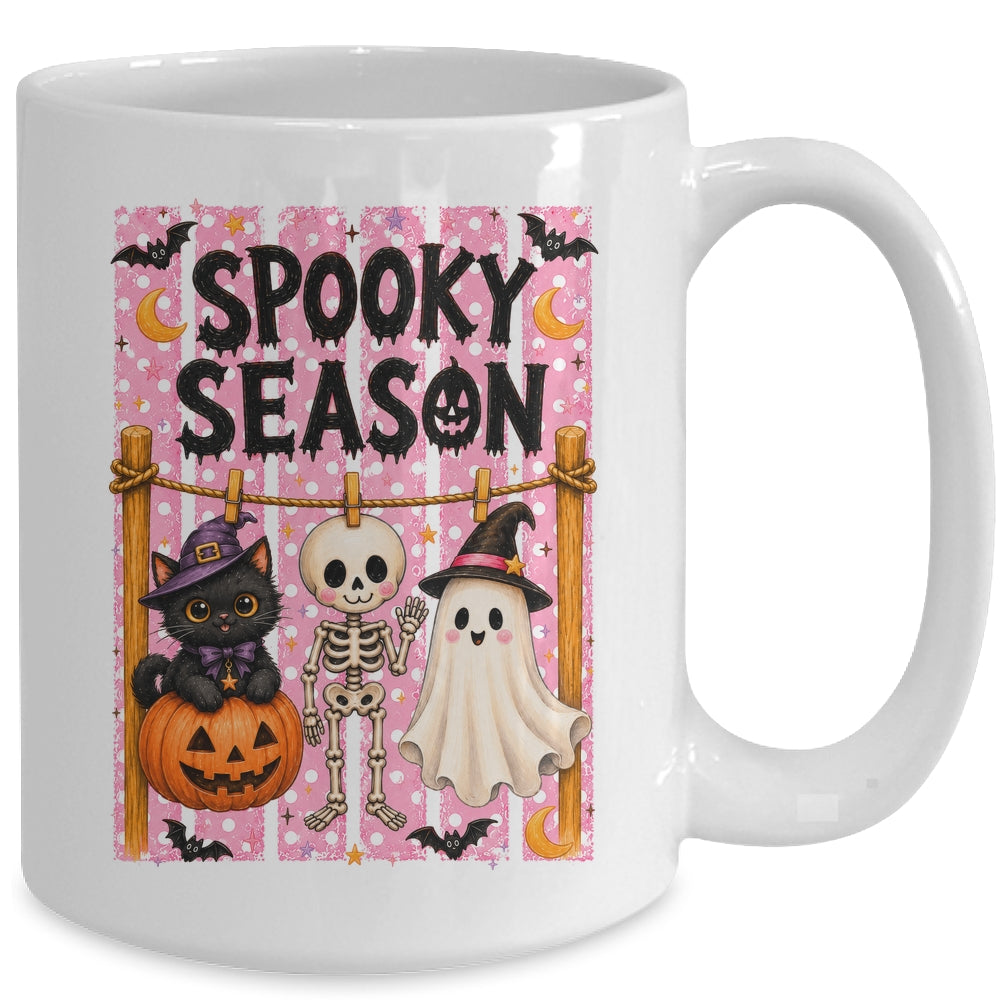 Preppy Spooky Season Coquette Skeleton Ghost Cat Halloween Mug | siriusteestore