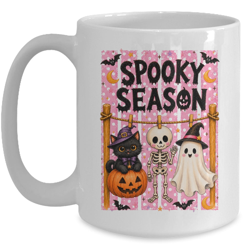 Preppy Spooky Season Coquette Skeleton Ghost Cat Halloween Mug | siriusteestore