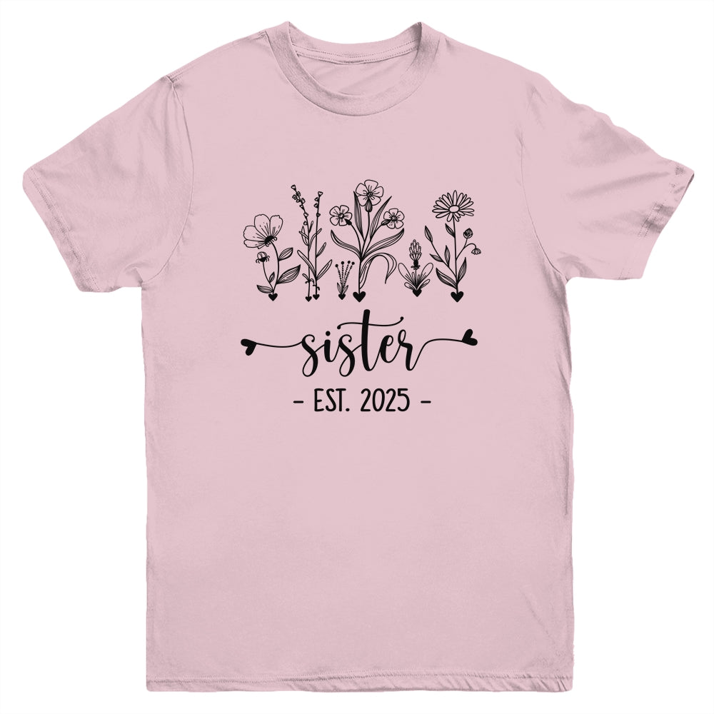 Promoted To Sister Est 2025 Pregnancy Announcement Flower Youth Shirt | siriusteestore