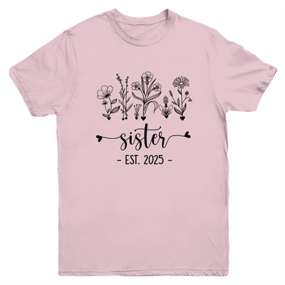 Promoted To Sister Est 2025 Pregnancy Announcement Flower Youth Shirt | siriusteestore