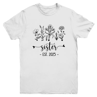 Promoted To Sister Est 2025 Pregnancy Announcement Flower Youth Shirt | siriusteestore