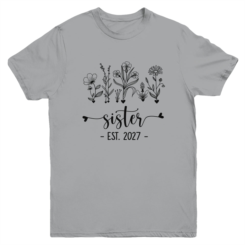 Promoted To Sister Est 2027 Pregnancy Announcement Flower Youth Shirt | siriusteestore