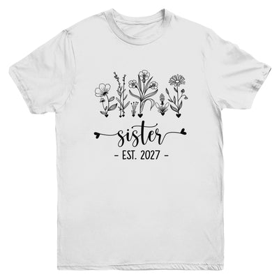 Promoted To Sister Est 2027 Pregnancy Announcement Flower Youth Shirt | siriusteestore