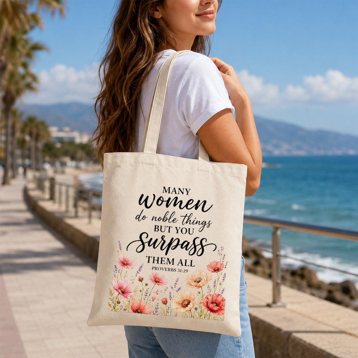 Proverbs 31 29 Christian Tote Bag Many Women Do Noble Things But You Surpass Them All Floral Bible Verse Canvas Bag Faith Gift For Women Church Travel | siriusteestore