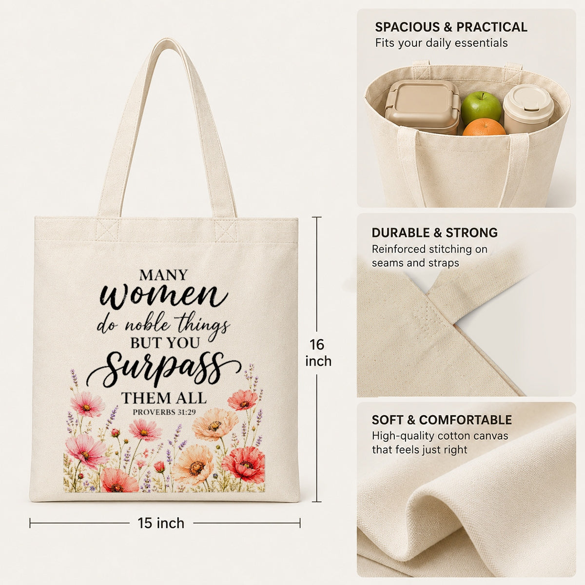 Proverbs 31 29 Christian Tote Bag Many Women Do Noble Things But You Surpass Them All Floral Bible Verse Canvas Bag Faith Gift For Women Church Travel | siriusteestore