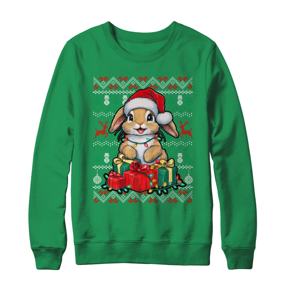 Rabbit Bunny Xmas Lights Santa Hat Bunny Ugly Christmas Shirt & Sweatshirt | siriusteestore