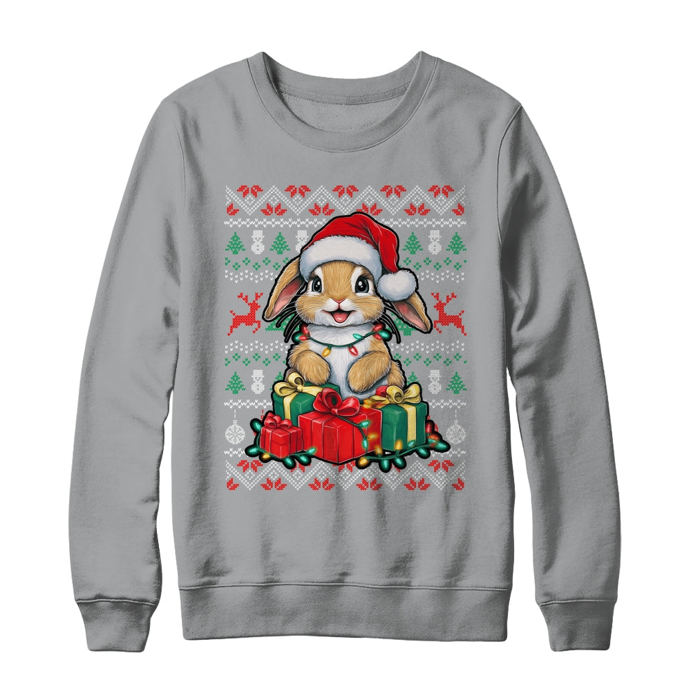 Rabbit Bunny Xmas Lights Santa Hat Bunny Ugly Christmas Shirt & Sweatshirt | siriusteestore
