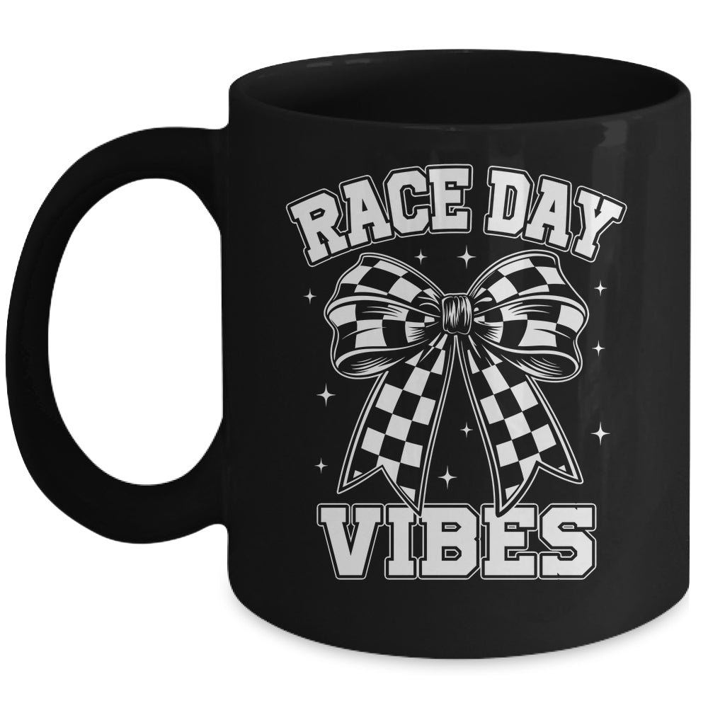 Race Day Vibes Checkered Coquette Bow Car Racing Mom Womens Mug | siriusteestore