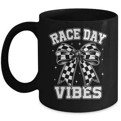 Race Day Vibes Checkered Coquette Bow Car Racing Mom Womens Mug | siriusteestore