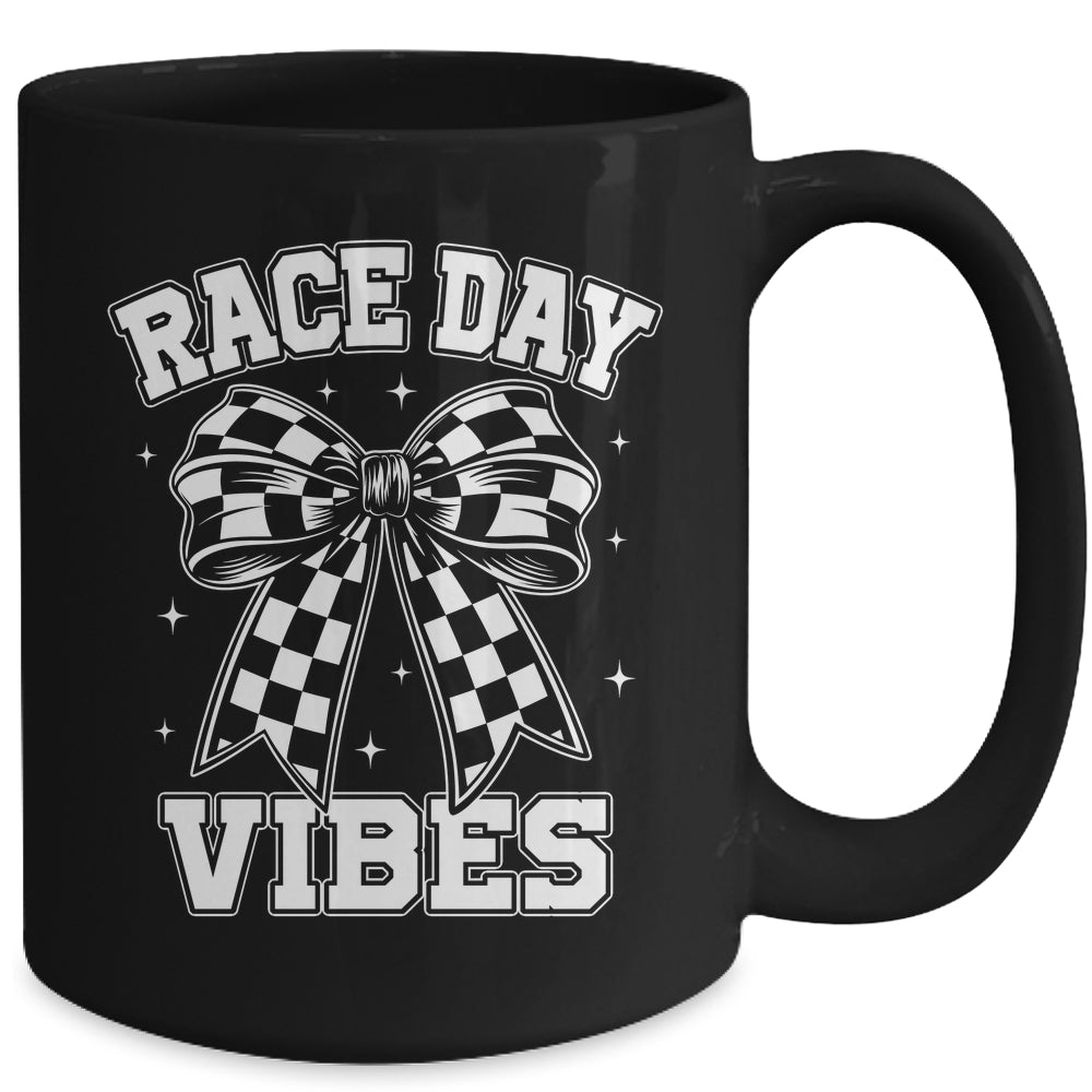 Race Day Vibes Checkered Coquette Bow Car Racing Mom Womens Mug | siriusteestore