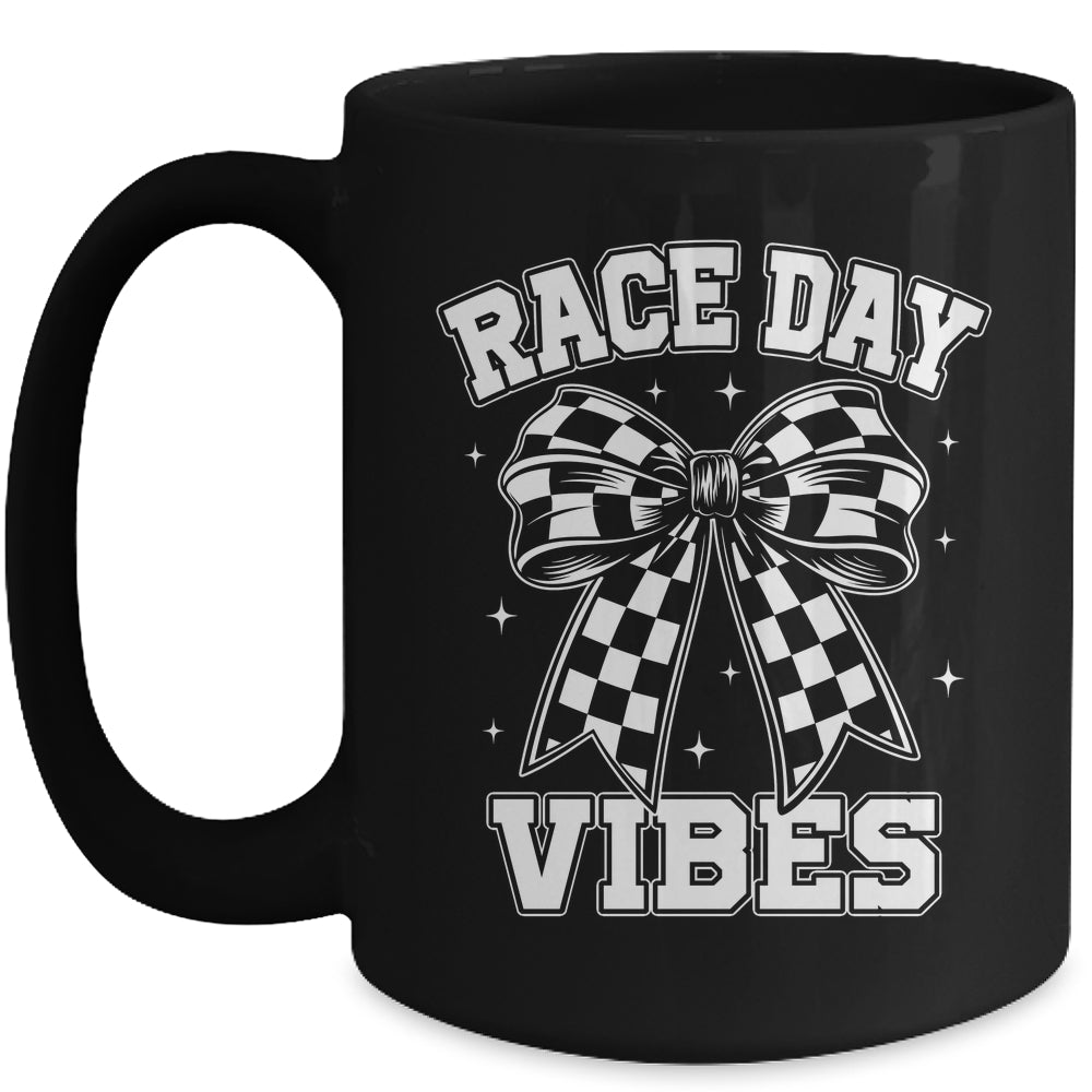 Race Day Vibes Checkered Coquette Bow Car Racing Mom Womens Mug | siriusteestore