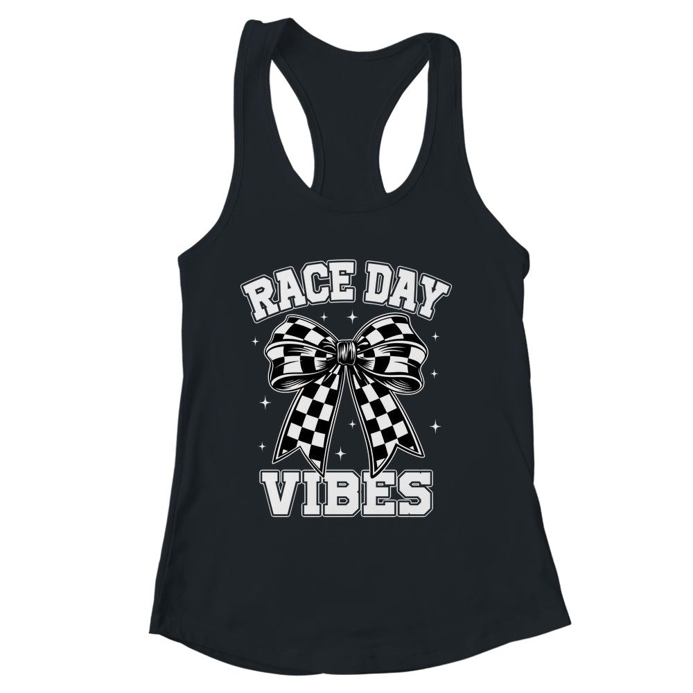 Race Day Vibes Checkered Coquette Bow Car Racing Mom Womens Shirt & Tank Top | siriusteestore