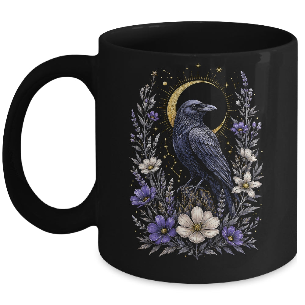 Raven Cottagecore Moon Flower Aesthetic Witch Crow Nature Mug | siriusteestore