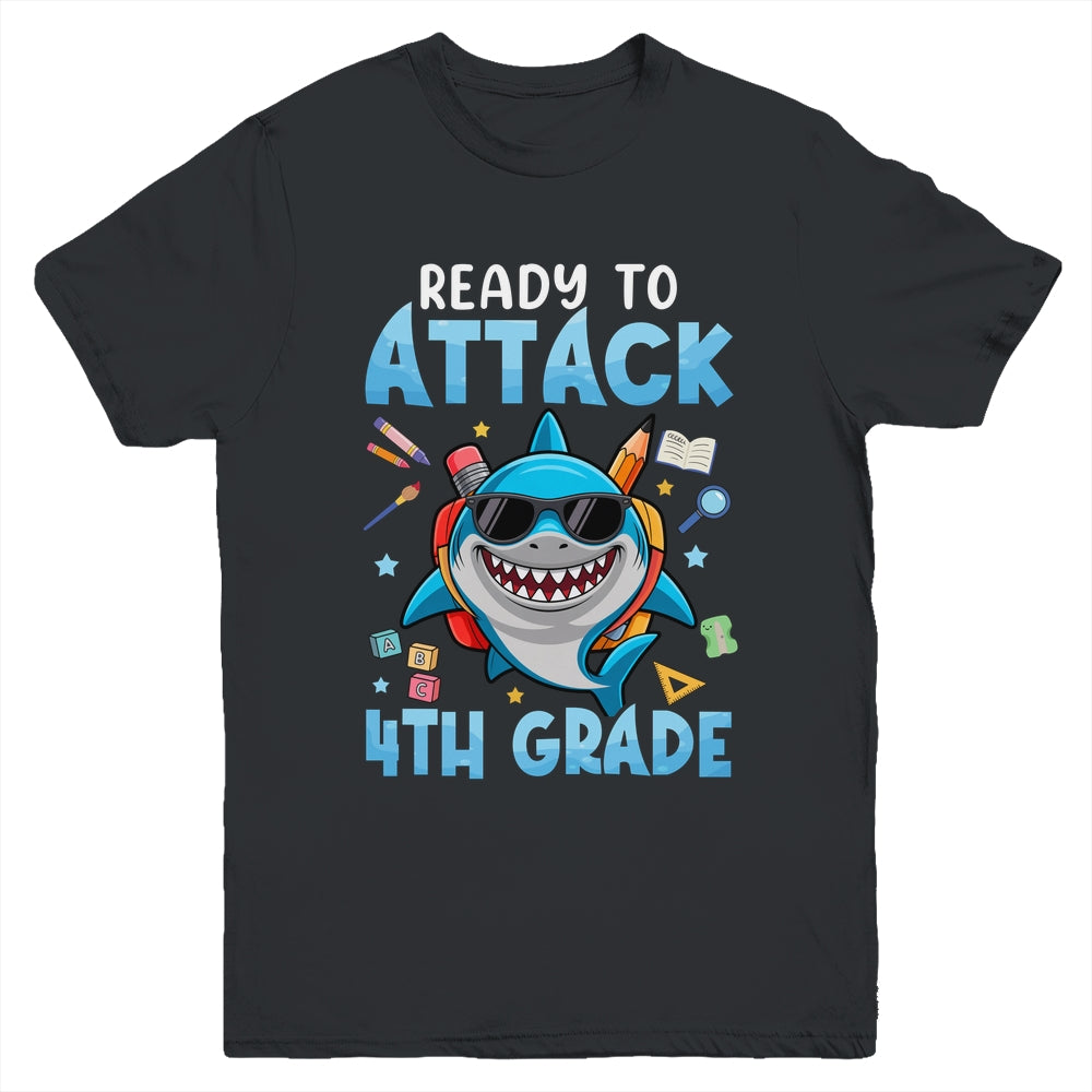 Ready To Attack 4th Grade Shark First Day Of School Boys Youth Shirt | siriusteestore