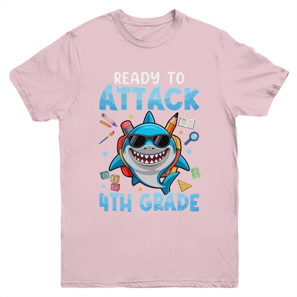 Ready To Attack 4th Grade Shark First Day Of School Boys Youth Shirt | siriusteestore