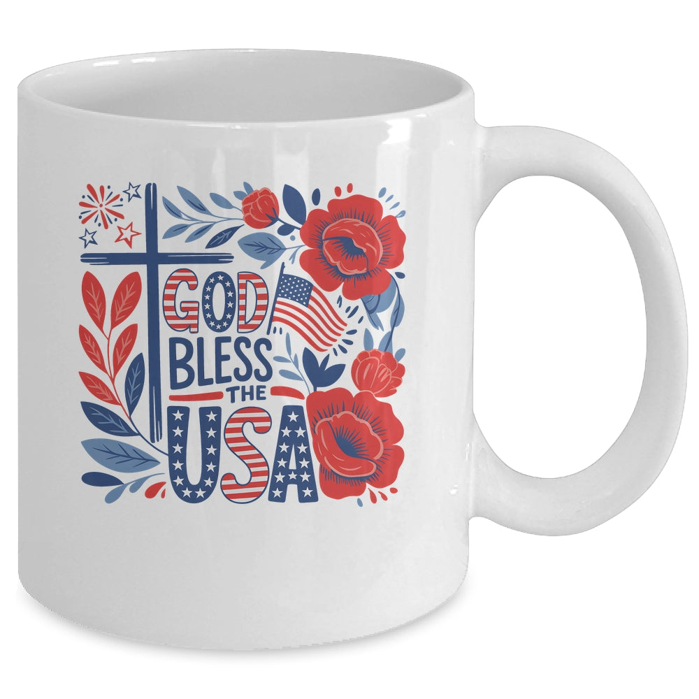 Retro Boho Floral God Bless The USA Christian 4th Of July Mug | siriusteestore