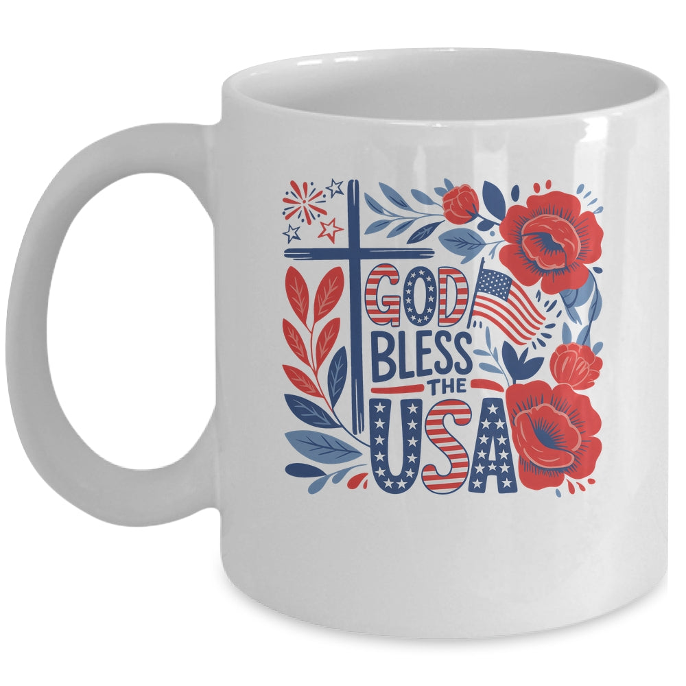 Retro Boho Floral God Bless The USA Christian 4th Of July Mug | siriusteestore