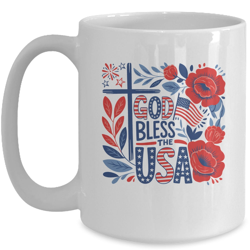 Retro Boho Floral God Bless The USA Christian 4th Of July Mug | siriusteestore