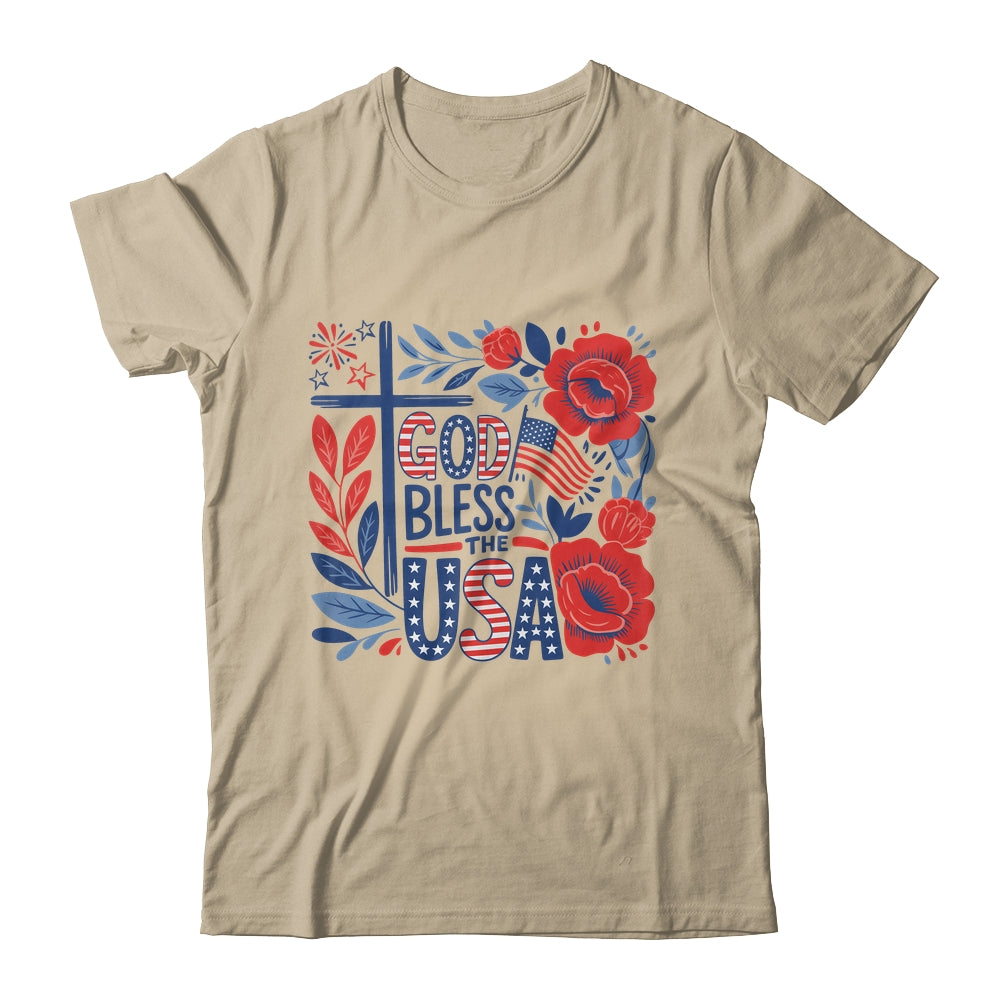 Retro Boho Floral God Bless The USA Christian 4th Of July Shirt & Tank Top | siriusteestore