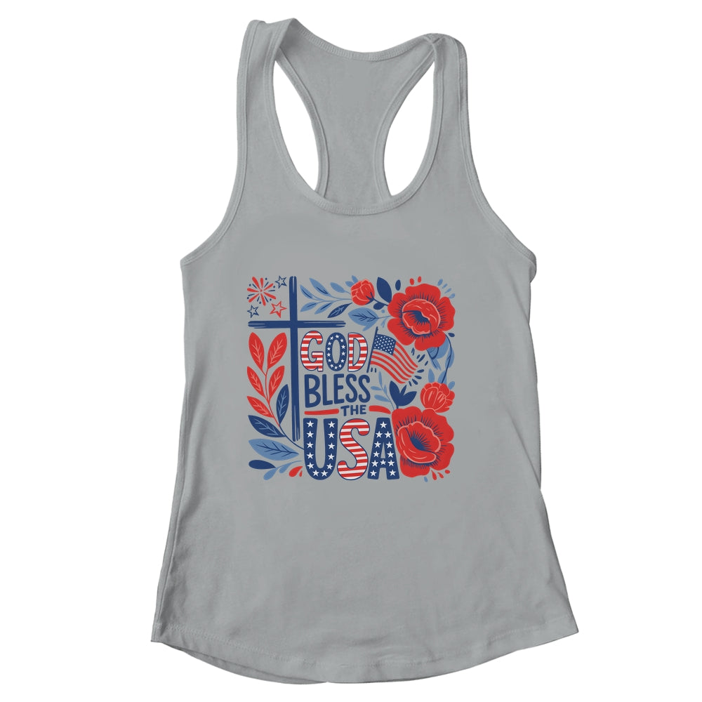 Retro Boho Floral God Bless The USA Christian 4th Of July Shirt & Tank Top | siriusteestore