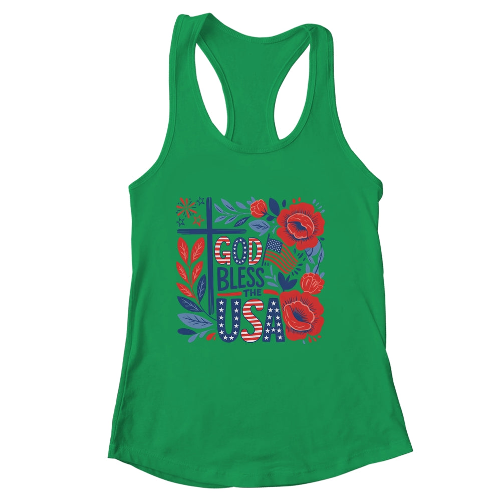 Retro Boho Floral God Bless The USA Christian 4th Of July Shirt & Tank Top | siriusteestore