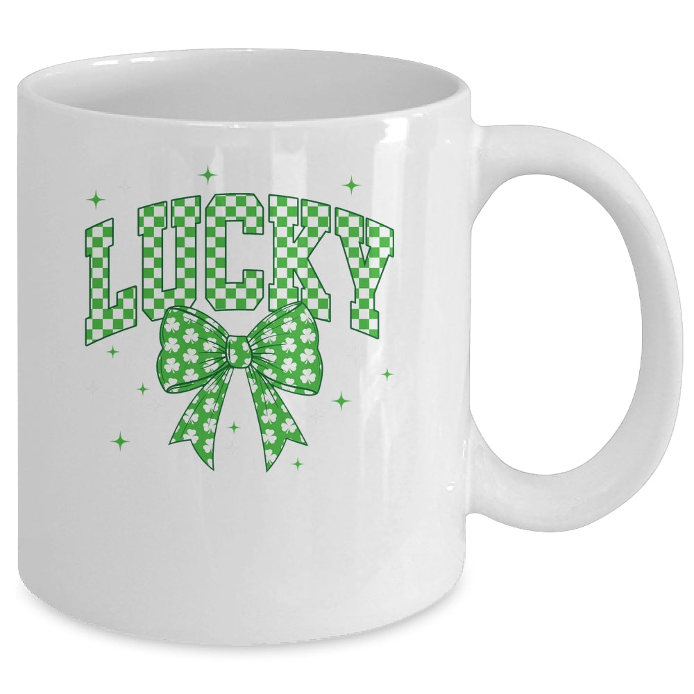 Retro Checkered Lucky St Patrick's Day Coquette Bow Girls Mug | siriusteestore