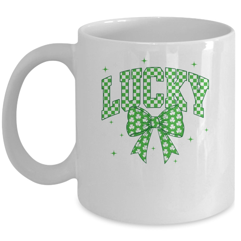 Retro Checkered Lucky St Patrick's Day Coquette Bow Girls Mug | siriusteestore