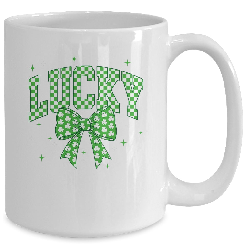 Retro Checkered Lucky St Patrick's Day Coquette Bow Girls Mug | siriusteestore