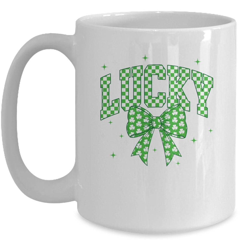 Retro Checkered Lucky St Patrick's Day Coquette Bow Girls Mug | siriusteestore