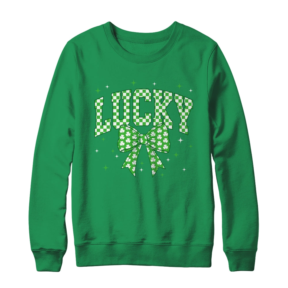Retro Checkered Lucky St Patrick's Day Coquette Bow Girls Shirt & Sweatshirt | siriusteestore