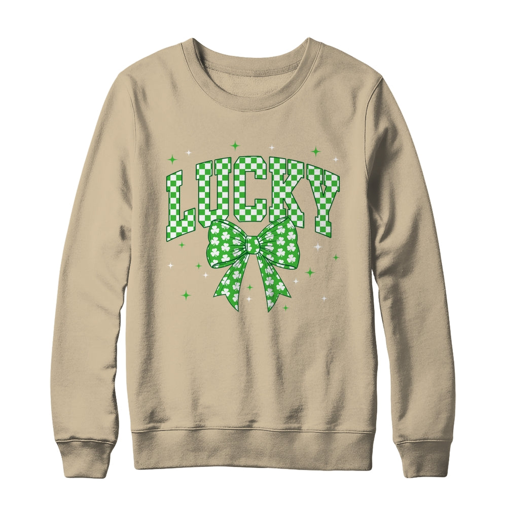 Retro Checkered Lucky St Patrick's Day Coquette Bow Girls Shirt & Sweatshirt | siriusteestore
