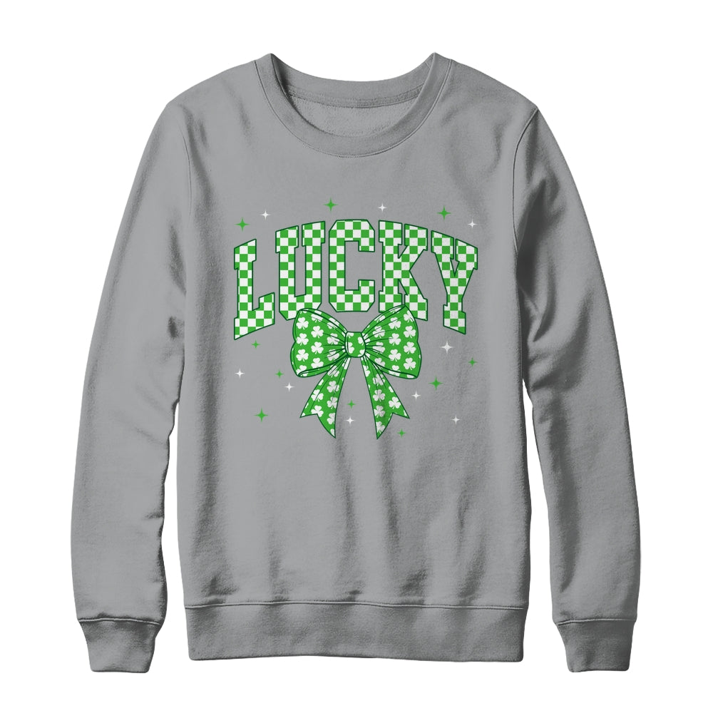 Retro Checkered Lucky St Patrick's Day Coquette Bow Girls Shirt & Sweatshirt | siriusteestore