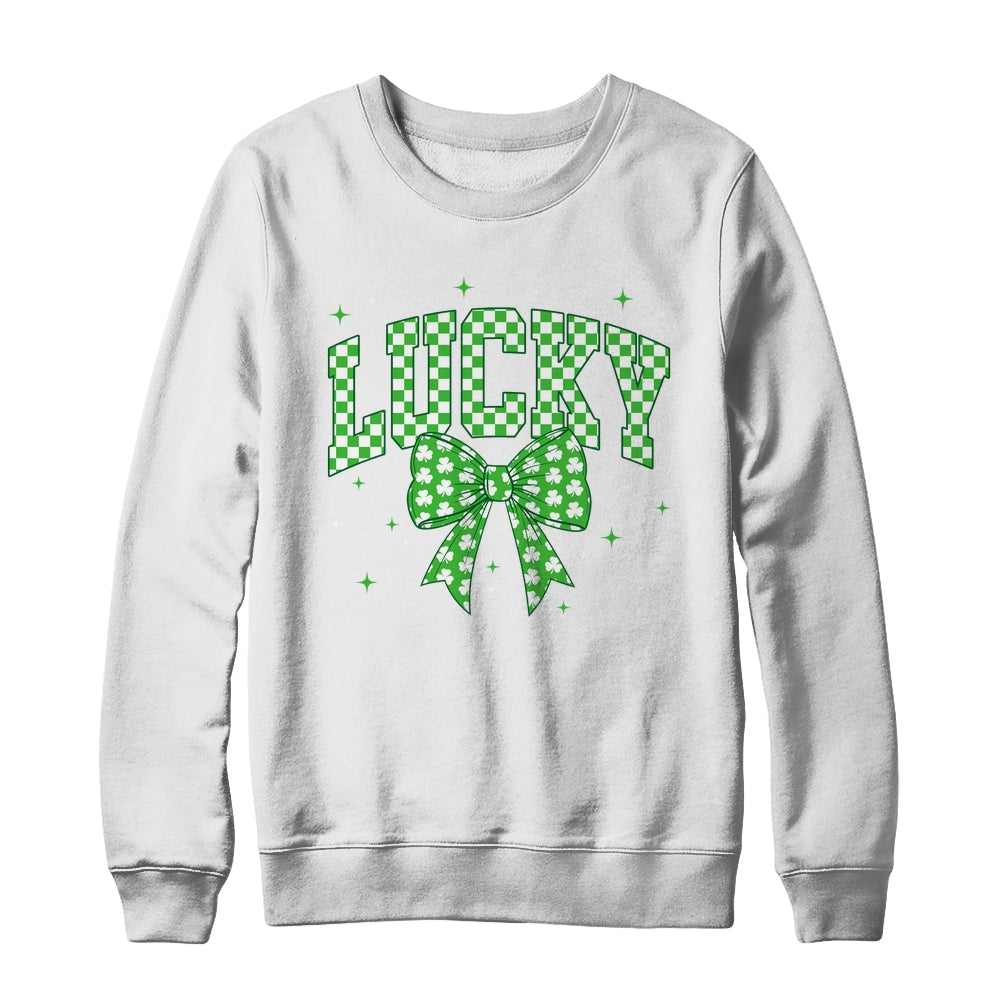 Retro Checkered Lucky St Patrick's Day Coquette Bow Girls Shirt & Sweatshirt | siriusteestore