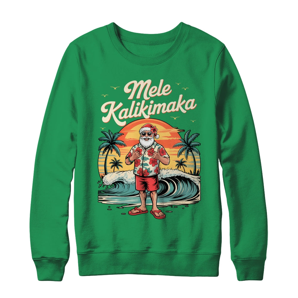 Retro Christmas Surf Mele Kalikimaka Santa Shaka Sign Hawaii Shirt & Sweatshirt | siriusteestore