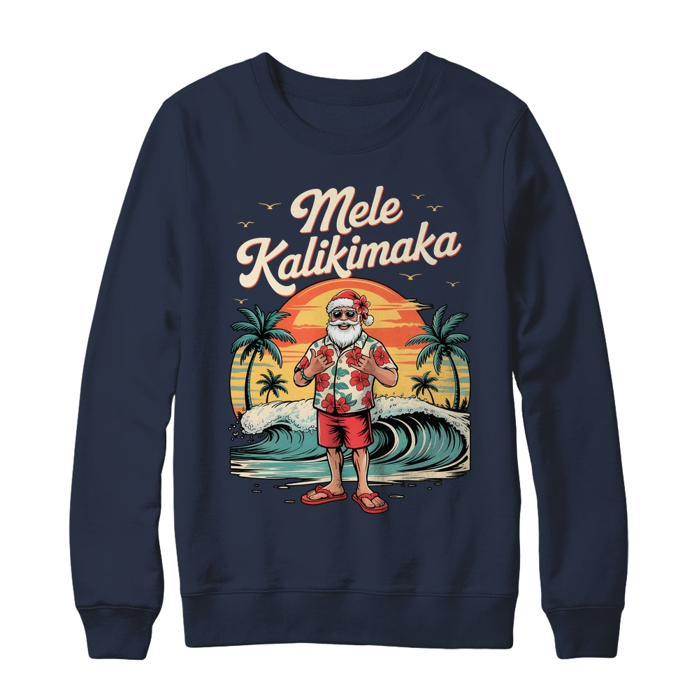 Retro Christmas Surf Mele Kalikimaka Santa Shaka Sign Hawaii Shirt & Sweatshirt | siriusteestore