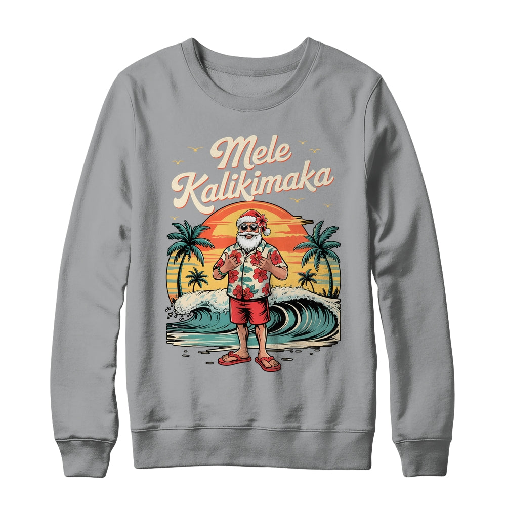 Retro Christmas Surf Mele Kalikimaka Santa Shaka Sign Hawaii Shirt & Sweatshirt | siriusteestore