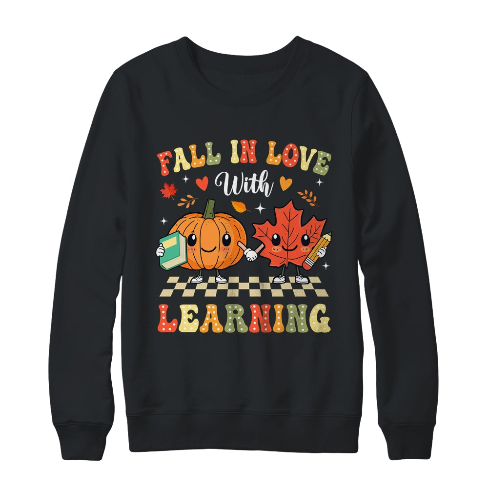 Retro Fall In Love With Learning Autumn Pumpkin Teacher Shirt & Sweatshirt | siriusteestore