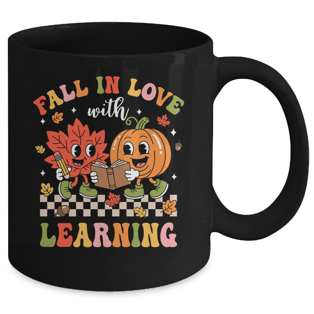 Retro Fall In Love With Learning Autumn Pumpkin Teacher Kids Mug | siriusteestore