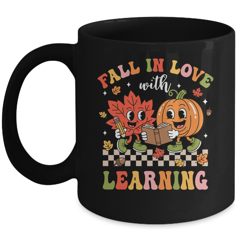 Retro Fall In Love With Learning Autumn Pumpkin Teacher Kids Mug | siriusteestore