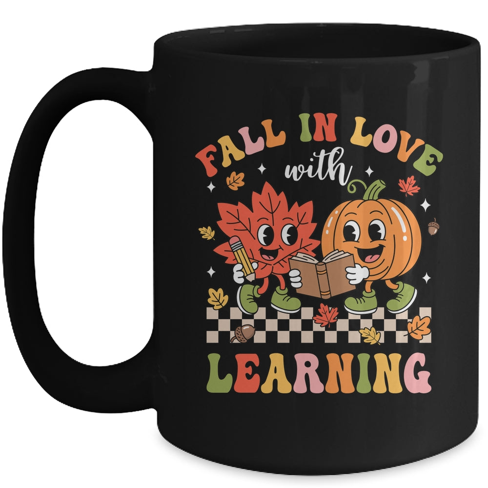 Retro Fall In Love With Learning Autumn Pumpkin Teacher Kids Mug | siriusteestore
